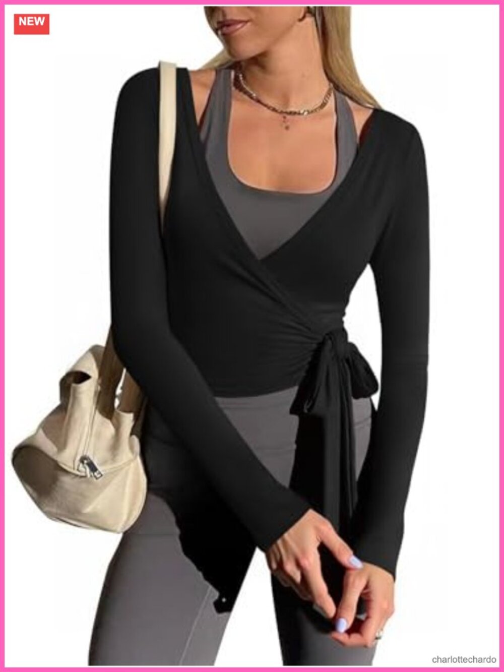 Wrap Tie Front Long Sleeve Deep V Neck Yoga Workout Top Tee